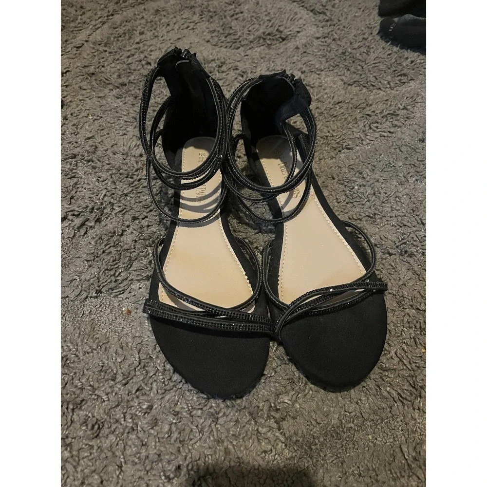 Dream Paris Women's Black Strappy Sandals with Rhinestone Accents Size 10